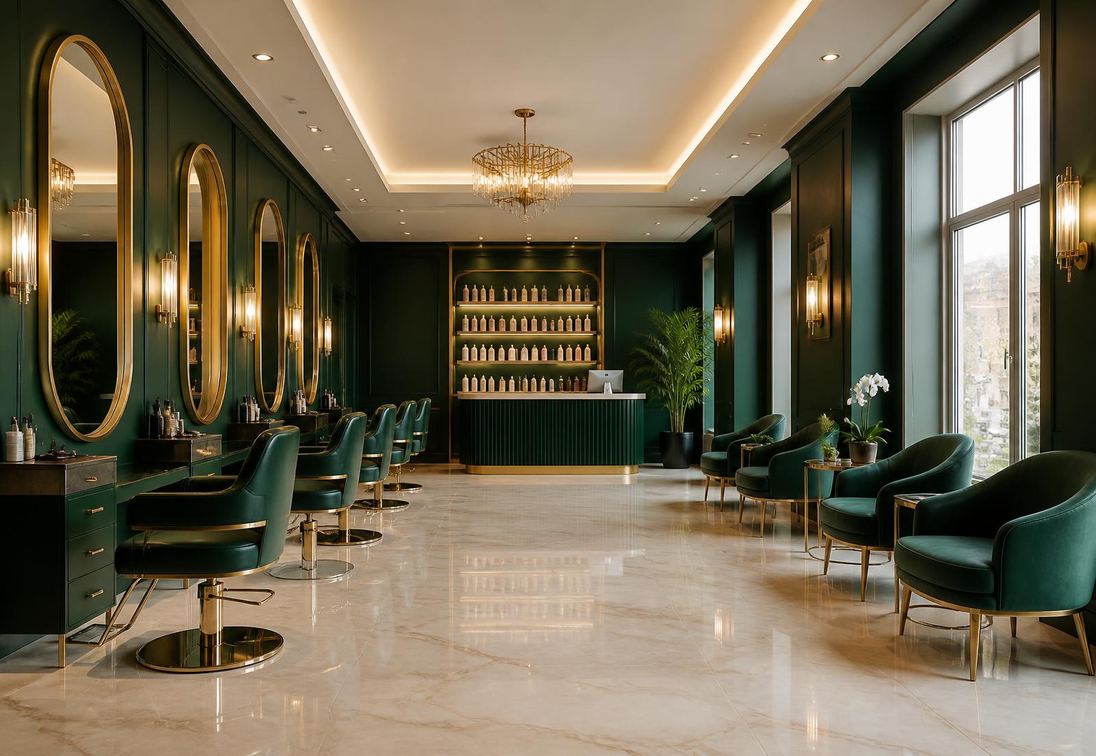 Luxury emerald and gold interior of Kesha De Salon, a premium unisex salon in Alwal, Hyderabad
