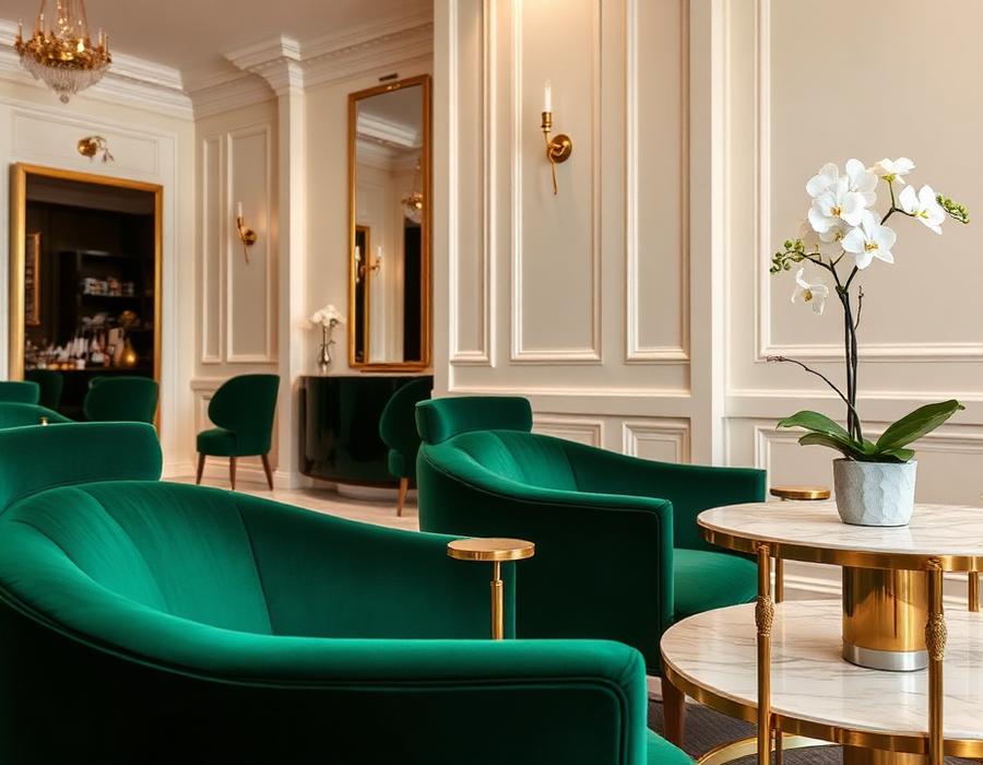 Elegant emerald and gold interior of Kesha De Salon in Alwal, Hyderabad